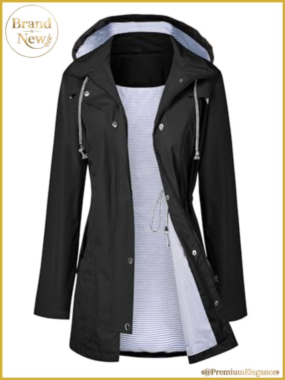 100% Polyester Waterproof Long Hooded Trench Coat Lined Windbreaker Rain Jacket